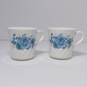CORNINGWARE CORELLE BLUE VELVET ROSE SWIRL MUGS TEA CUPS SET OF 2